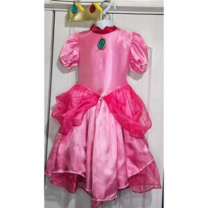 Princess Peach Costume Girls 4-6X Super Mario Pink Dress Tiara Crown Disguise